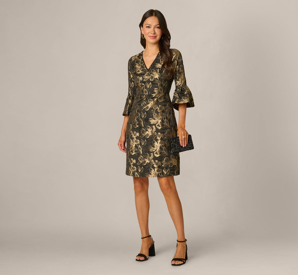 Bell Sleeve Floral Jacquard Beaded V Neck Dress - Black Gold | Adrianna Papell
