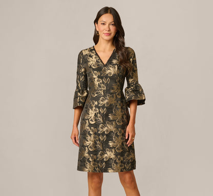 Bell Sleeve Floral Jacquard Beaded V Neck Dress - Black Gold | Adrianna Papell