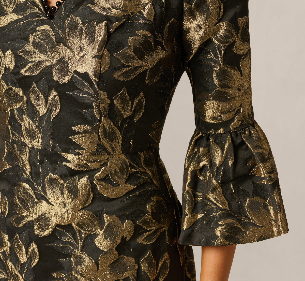 Bell Sleeve Floral Jacquard Beaded V Neck Dress - Black Gold | Adrianna Papell
