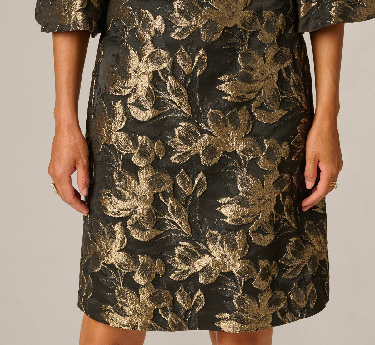 Bell Sleeve Floral Jacquard Beaded V Neck Dress - Black Gold | Adrianna Papell