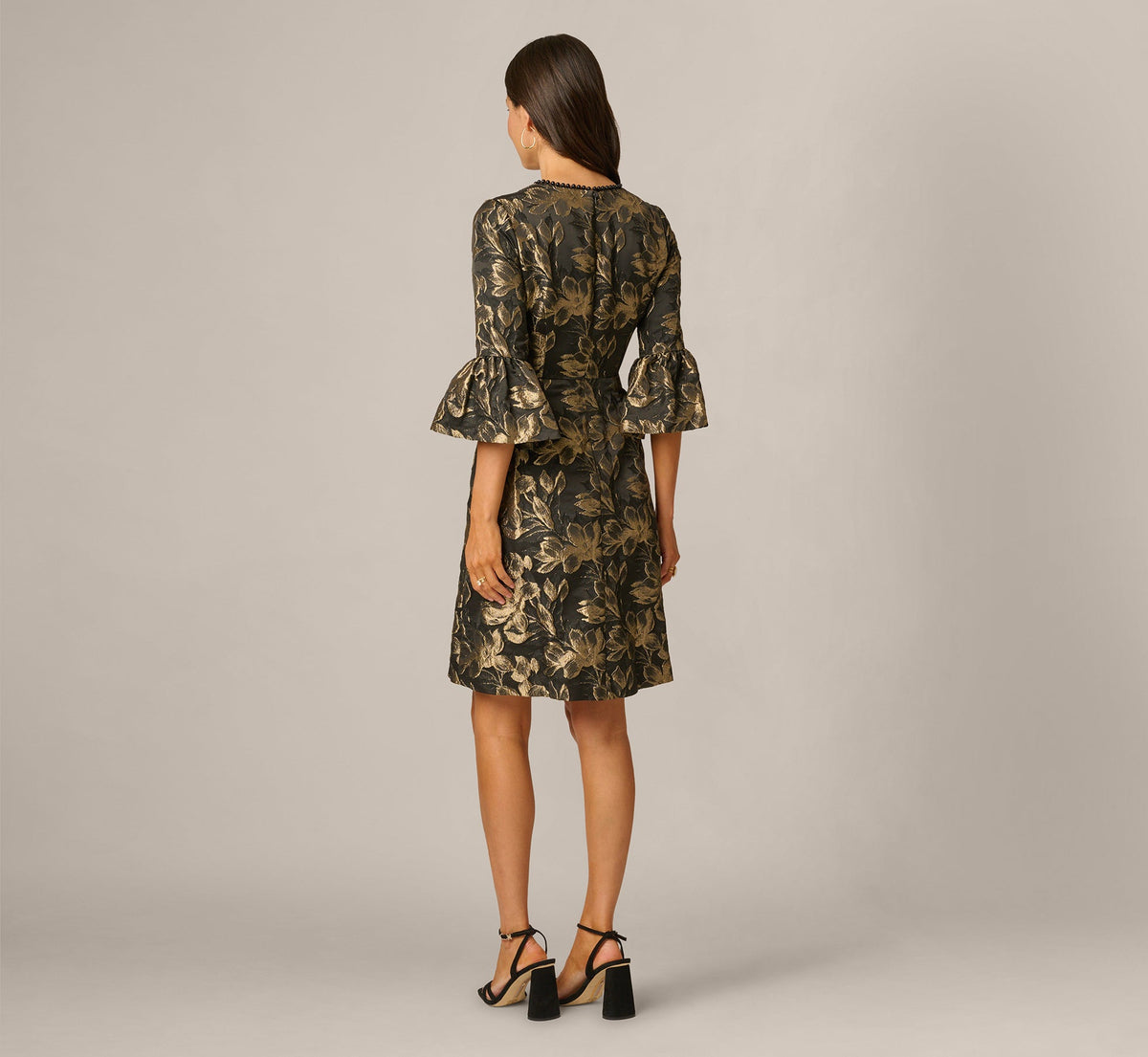 Bell Sleeve Floral Jacquard Beaded V Neck Dress - Black Gold | Adrianna Papell