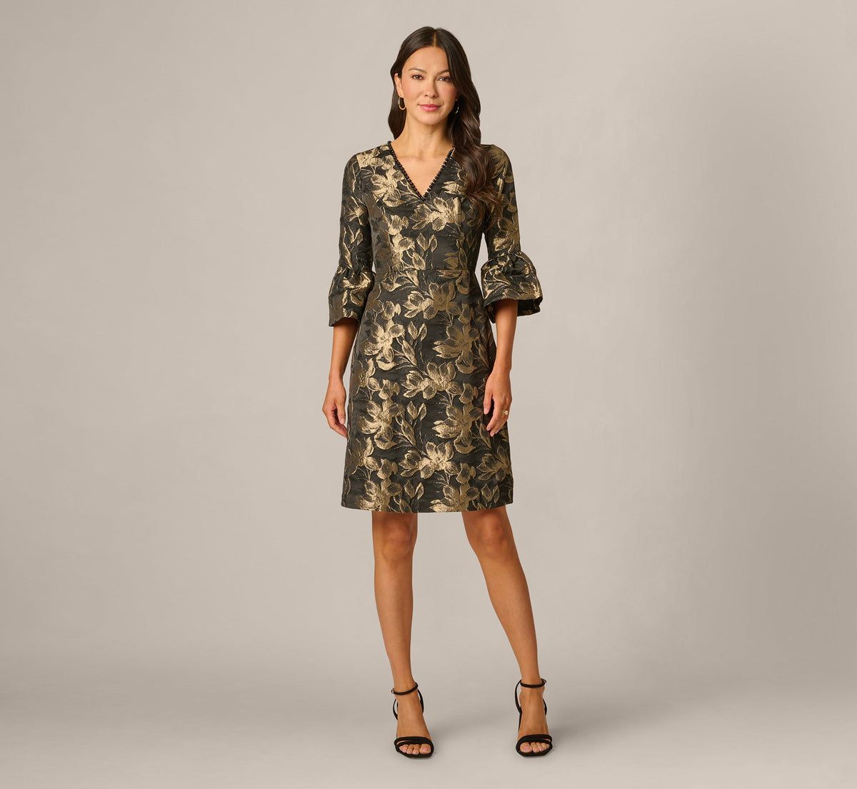 Bell Sleeve Floral Jacquard Beaded V Neck Dress - Black Gold | Adrianna Papell