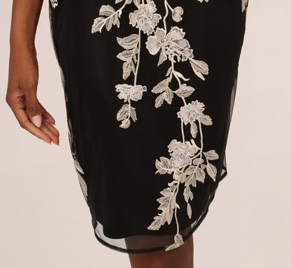 Sleeveless Illusion Floral Embroidery Sheath Dress - Black Ivory | Adrianna Papell