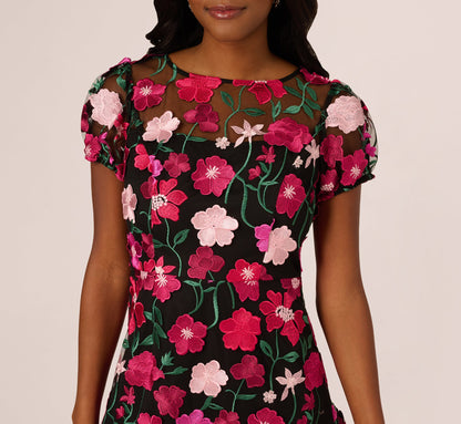 Floral Embroidered Flounce Dress With Sheer Short Sleeves - Black Berry | Adrianna Papell