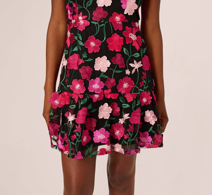 Floral Embroidered Flounce Dress With Sheer Short Sleeves - Black Berry | Adrianna Papell