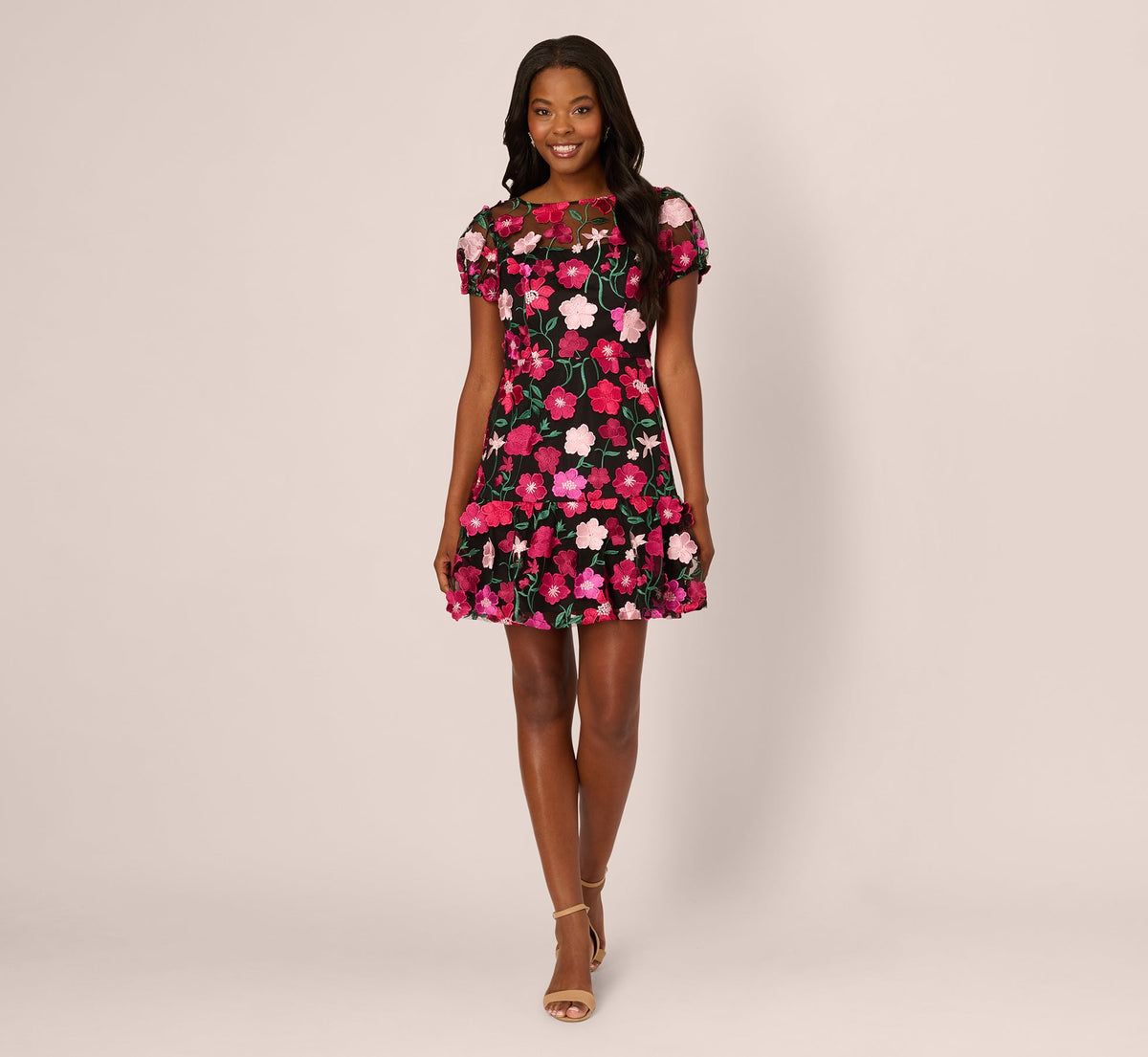 Floral Embroidered Flounce Dress With Sheer Short Sleeves - Black Berry | Adrianna Papell