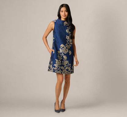 Textured Floral Jacquard Roll Collar Shift Dress - Navy Sage | Adrianna Papell