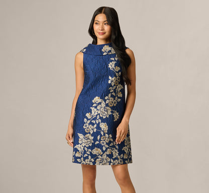 Textured Floral Jacquard Roll Collar Shift Dress - Navy Sage | Adrianna Papell