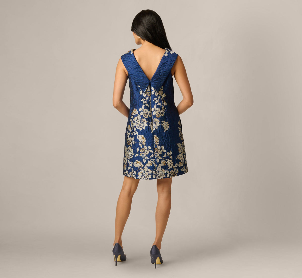 Textured Floral Jacquard Roll Collar Shift Dress - Navy Sage | Adrianna Papell