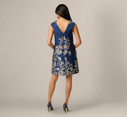 Textured Floral Jacquard Roll Collar Shift Dress - Navy Sage | Adrianna Papell