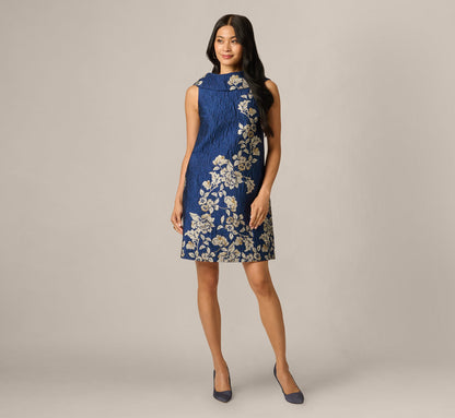 Textured Floral Jacquard Roll Collar Shift Dress - Navy Sage | Adrianna Papell