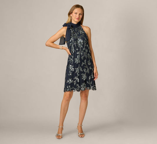 Floral Sequin Beaded Short Trapeze Dress - Navy Gunmetal | Adrianna Papell