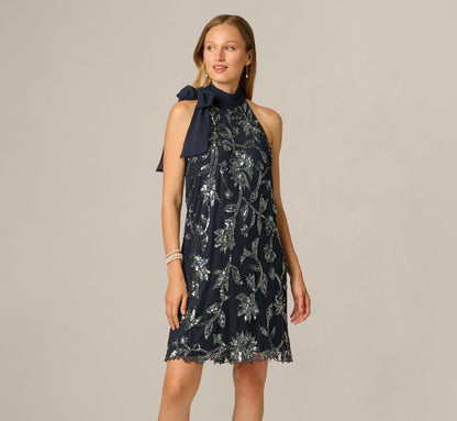 Floral Sequin Beaded Short Trapeze Dress - Navy Gunmetal | Adrianna Papell