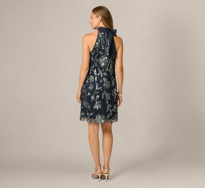 Floral Sequin Beaded Short Trapeze Dress - Navy Gunmetal | Adrianna Papell