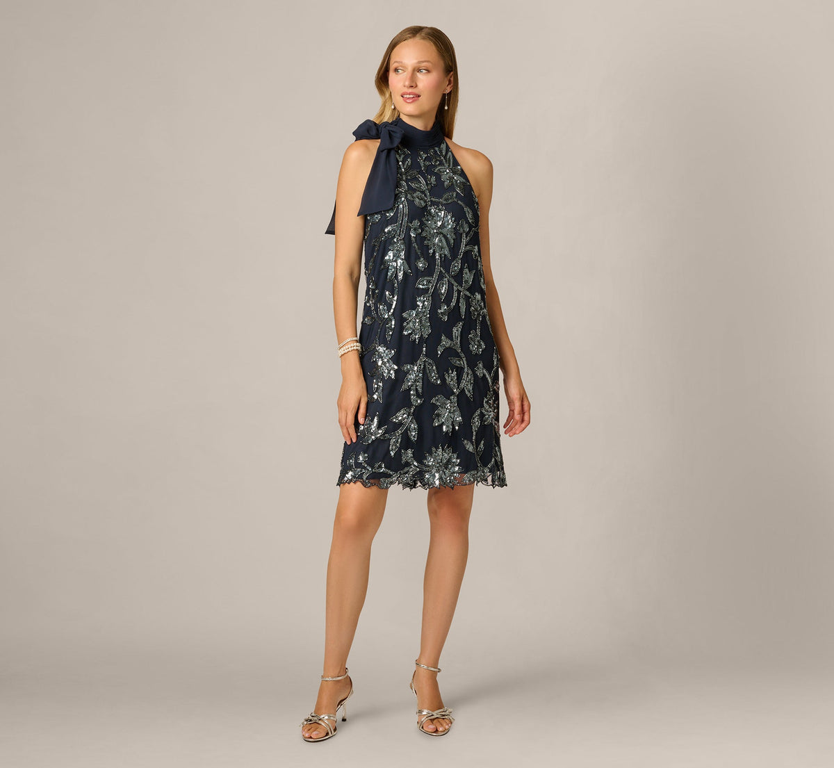 Floral Sequin Beaded Short Trapeze Dress - Navy Gunmetal | Adrianna Papell