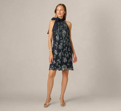 Floral Sequin Beaded Short Trapeze Dress - Navy Gunmetal | Adrianna Papell