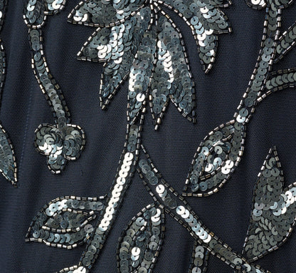 Floral Sequin Beaded Short Trapeze Dress - Navy Gunmetal | Adrianna Papell