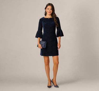 Bell Sleeve Floral Stretch Burnout Velvet Short Dress - Navy | Adrianna Papell