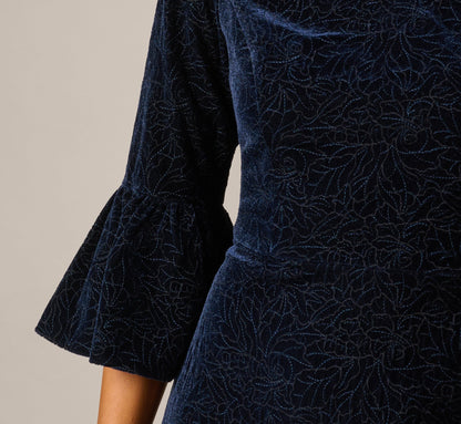 Bell Sleeve Floral Stretch Burnout Velvet Short Dress - Navy | Adrianna Papell