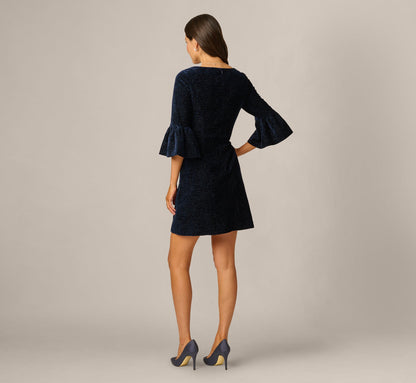 Bell Sleeve Floral Stretch Burnout Velvet Short Dress - Navy | Adrianna Papell