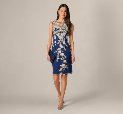 Sleeveless Illusion Floral Embroidery Sheath Dress - Navy Ecru | Adrianna Papell