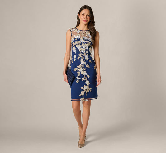 Sleeveless Illusion Floral Embroidery Sheath Dress - Navy Ecru | Adrianna Papell