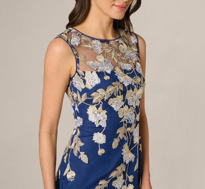 Sleeveless Illusion Floral Embroidery Sheath Dress - Navy Ecru | Adrianna Papell
