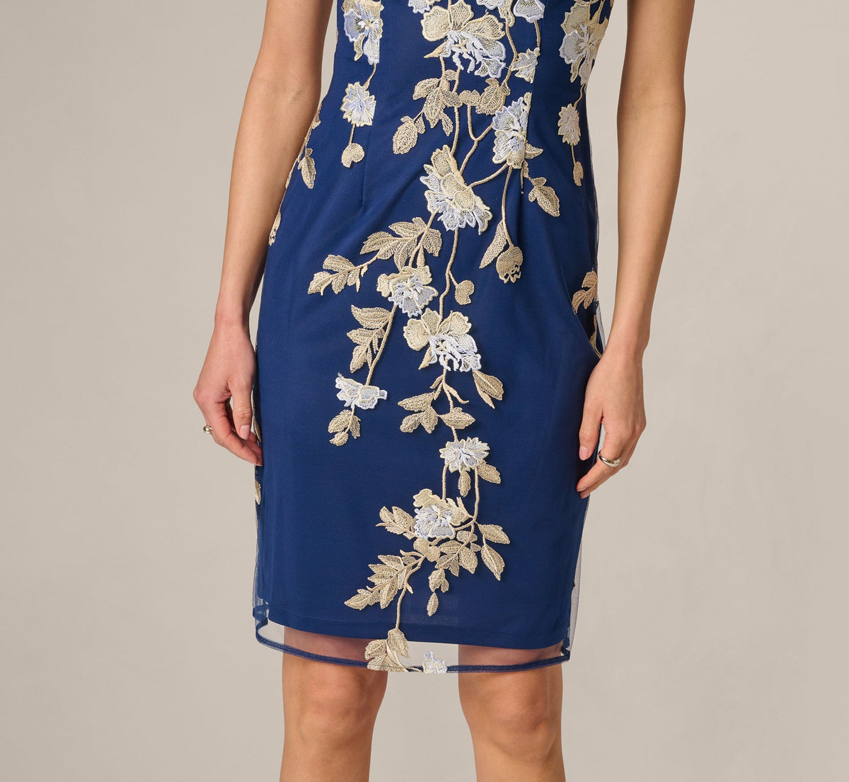 Sleeveless Illusion Floral Embroidery Sheath Dress - Navy Ecru | Adrianna Papell