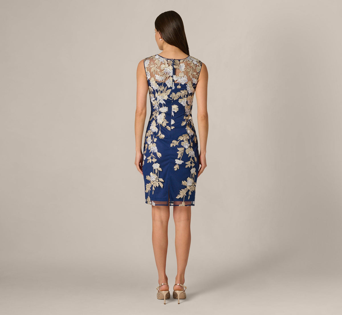 Sleeveless Illusion Floral Embroidery Sheath Dress - Navy Ecru | Adrianna Papell