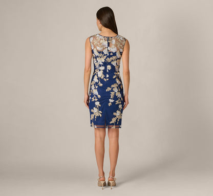 Sleeveless Illusion Floral Embroidery Sheath Dress - Navy Ecru | Adrianna Papell