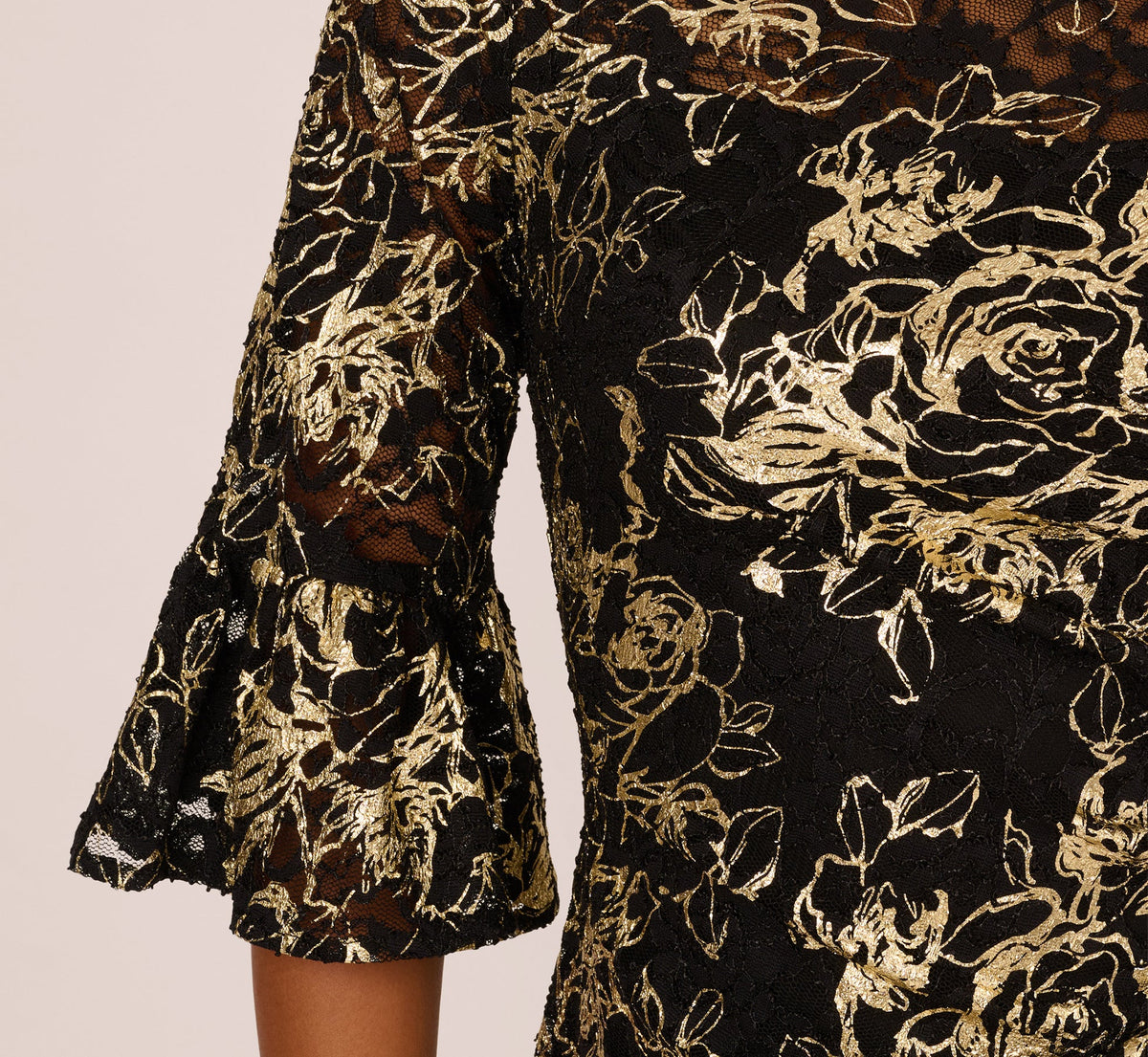 Bell Sleeve Metallic Lace Sheath Dress - Black Gold | Adrianna Papell