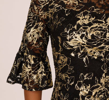 Bell Sleeve Metallic Lace Sheath Dress - Black Gold | Adrianna Papell