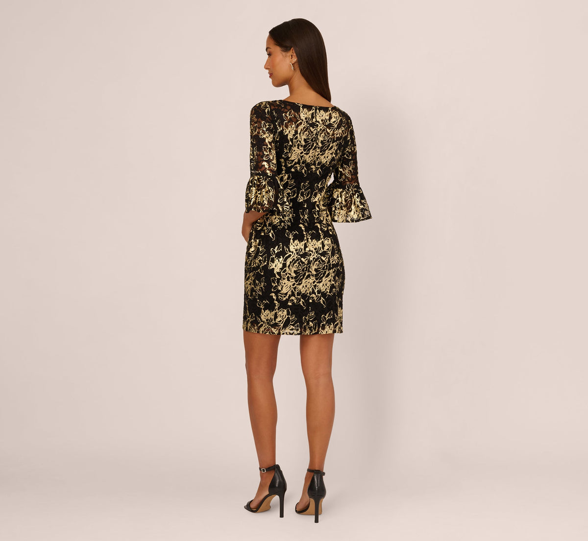 Bell Sleeve Metallic Lace Sheath Dress - Black Gold | Adrianna Papell