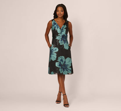 Floral Jacquard Belted A Line Midi Dress - Black Multi | Adrianna Papell