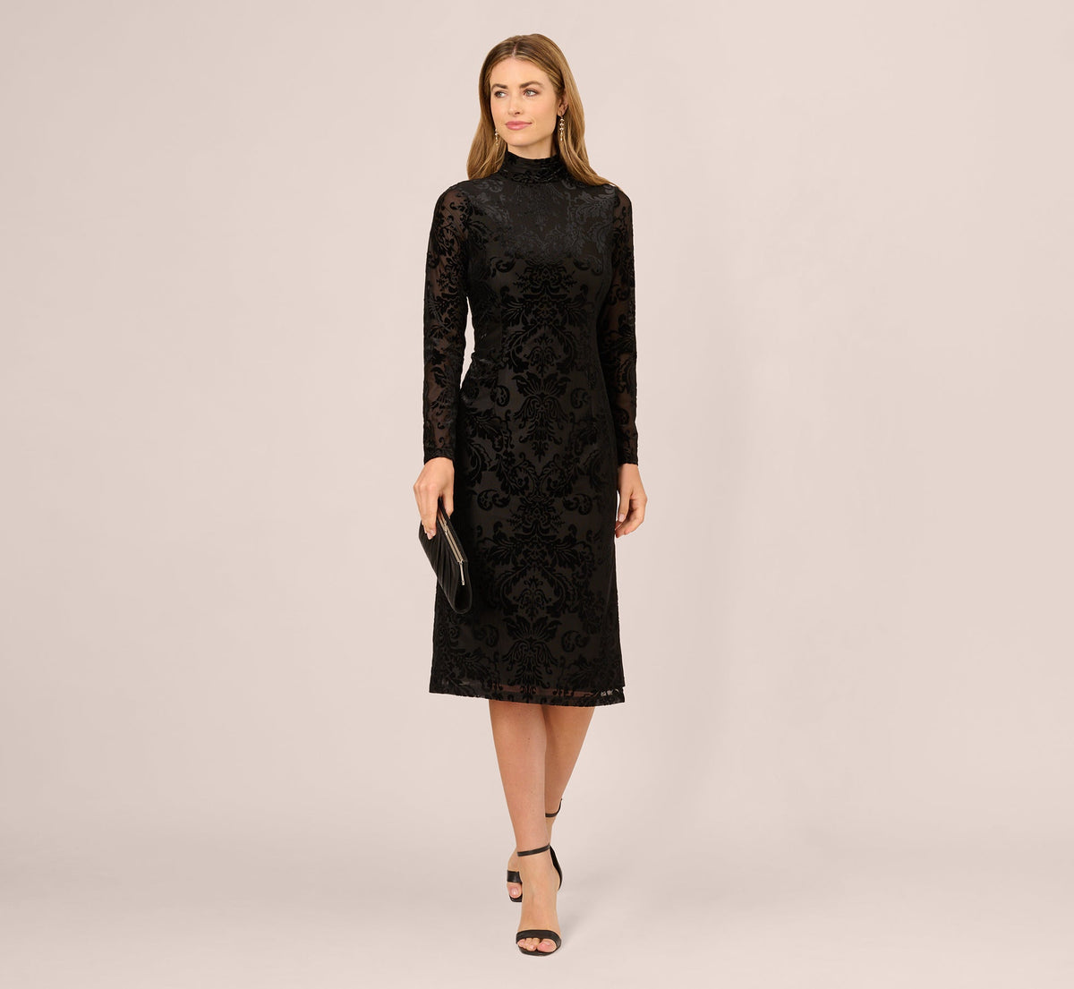 Long Sleeve Damask Burnout Velvet Midi Dress - Black | Adrianna Papell