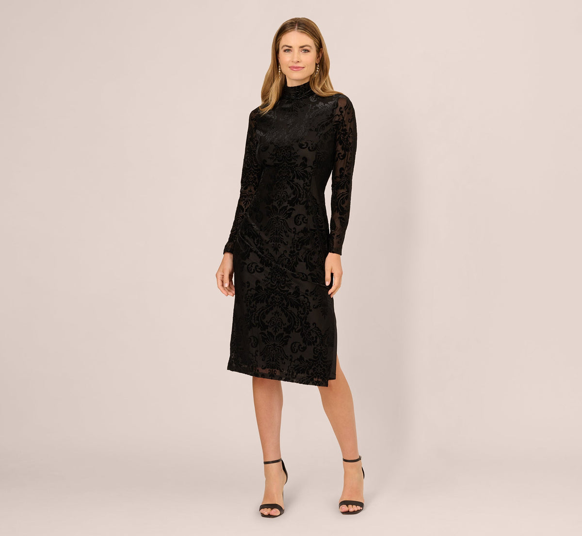 Long Sleeve Damask Burnout Velvet Midi Dress - Black | Adrianna Papell