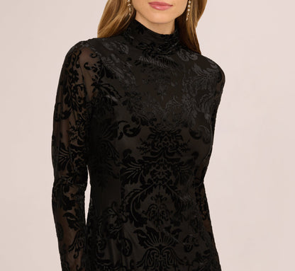 Long Sleeve Damask Burnout Velvet Midi Dress - Black | Adrianna Papell