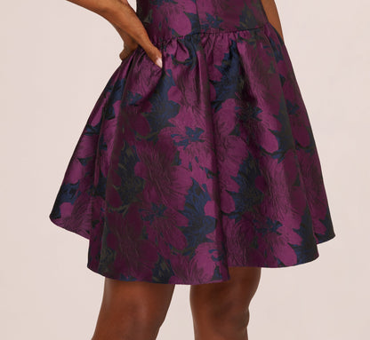Sleeveless Floral Jacquard Drop Waist Short Dress - Navy Plum | Adrianna Papell