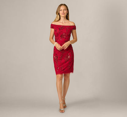Off Shoulder Floral Sequin Beaded Sheath Dress - Cranberry | Adrianna Papell