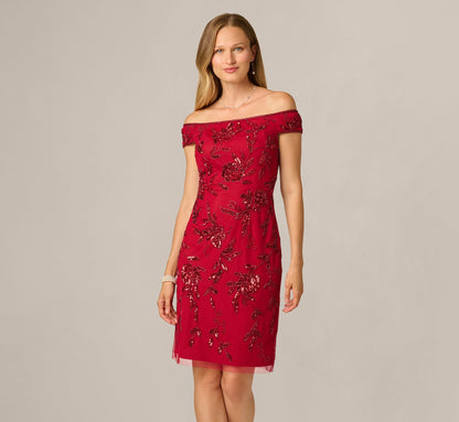 Off Shoulder Floral Sequin Beaded Sheath Dress - Cranberry | Adrianna Papell