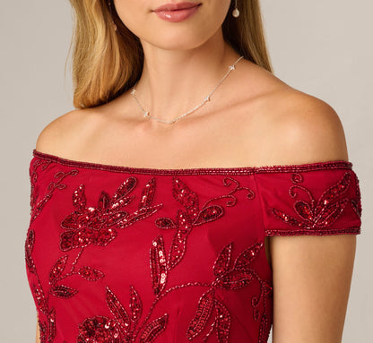 Off Shoulder Floral Sequin Beaded Sheath Dress - Cranberry | Adrianna Papell