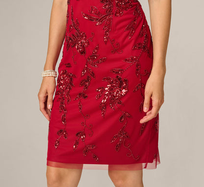 Off Shoulder Floral Sequin Beaded Sheath Dress - Cranberry | Adrianna Papell