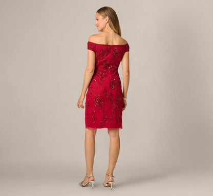Off Shoulder Floral Sequin Beaded Sheath Dress - Cranberry | Adrianna Papell