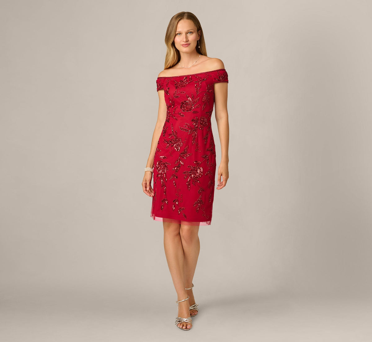 Off Shoulder Floral Sequin Beaded Sheath Dress - Cranberry | Adrianna Papell