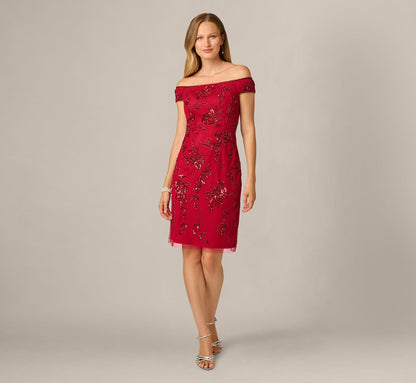 Off Shoulder Floral Sequin Beaded Sheath Dress - Cranberry | Adrianna Papell