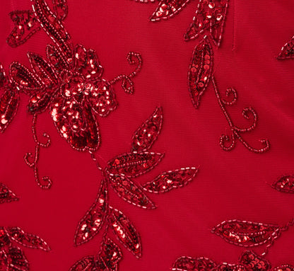 Off Shoulder Floral Sequin Beaded Sheath Dress - Cranberry | Adrianna Papell