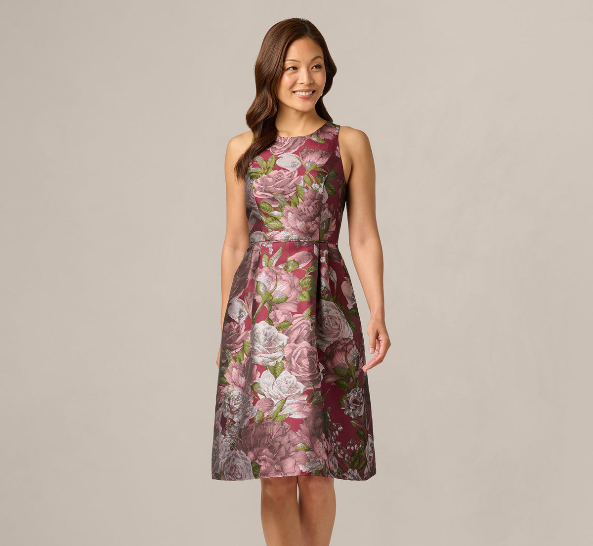 Rose Garden Metallic Jacquard Fit And Flare Dress - Burgundy Multi | Adrianna Papell