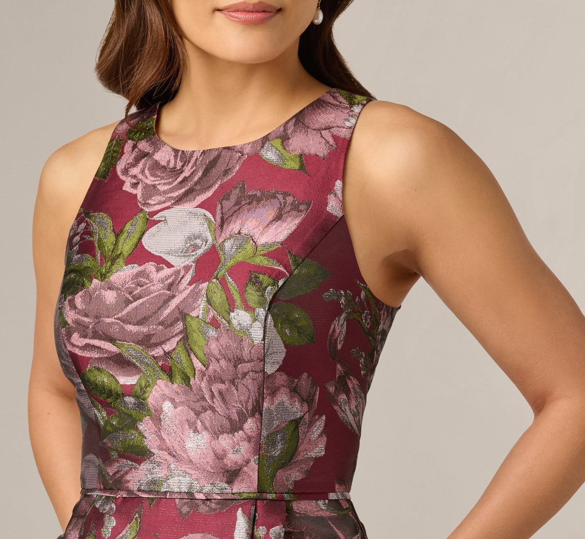 Rose Garden Metallic Jacquard Fit And Flare Dress - Burgundy Multi | Adrianna Papell