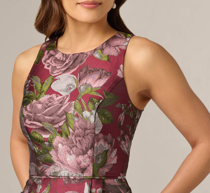 Rose Garden Metallic Jacquard Fit And Flare Dress - Burgundy Multi | Adrianna Papell