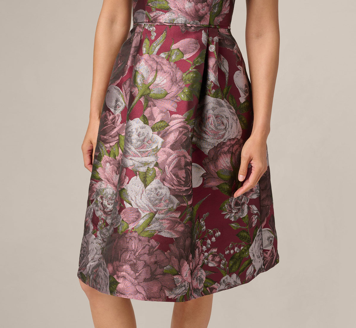 Rose Garden Metallic Jacquard Fit And Flare Dress - Burgundy Multi | Adrianna Papell